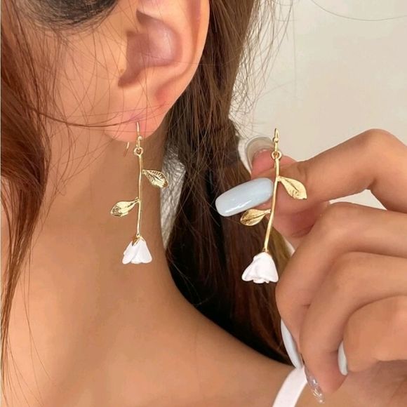 Jewelry - Gold Color Metal White Rose Statement Earrings Flower Earrings